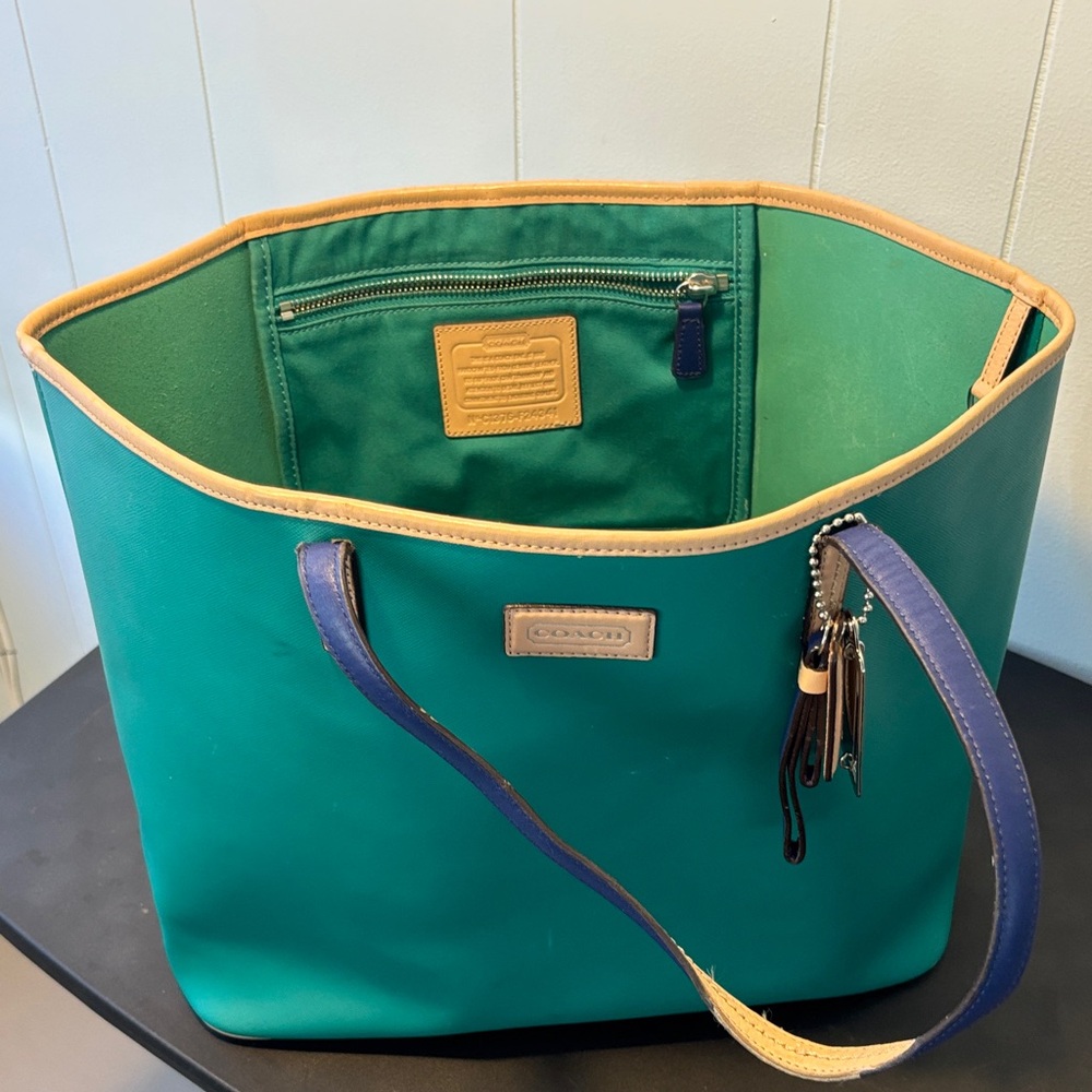 Coach GreenTote with Tan Trim and Blue Handles
